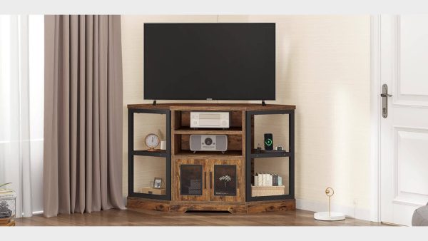 Xelsyo Farmhouse Corner TV Stand For TVs Up To 55 Inch With Power Outlet, Wood Entertainment Center, TV Media Console With Storage, Walnut - Image 11