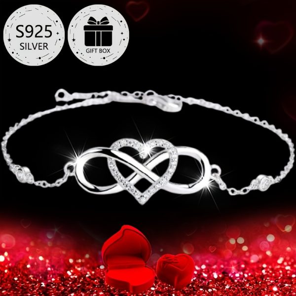1pc Elegant 925 Sterling Silver Infinity Heart Bracelet with Cubic Zirconia, Simple Luxury Style, Gift Box Included, Perfect for Valentine'S Day, Mother'S Day, Back to School, Party, Daily Wear, Vacation, Wedding - Image 2