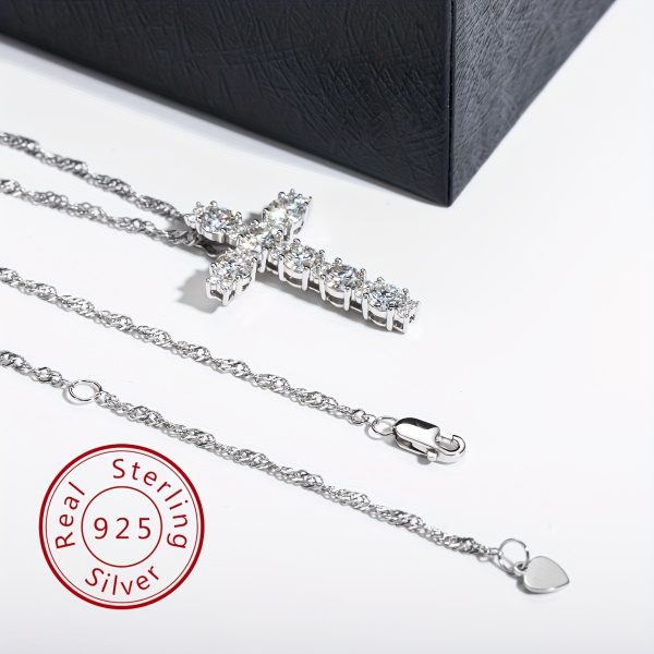 925 Silvery Moissanite Cross 4.0mm Main Stone 0.3CTx7 Sub-Stones 0.08CTx20 Total 2.26CT Pendant Necklace Approx. 3.88g Pendant Necklace Moissanite Jewelry D Color Ideal Cut Moissanite Necklace with Certificate for Men and Women - Image 4