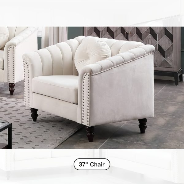 [The Yard]Chesterfield Sofa Set, Luxurious Flannel Upholstered Couch Set With Rolled Arms And Rivet Trim, 3-Piece Living Room Furniture Set Including Sofa, Loveseat, And Armchair, Button Tufted Cushions, Modern Classic Style Sofa For Home Or Office - Image 6