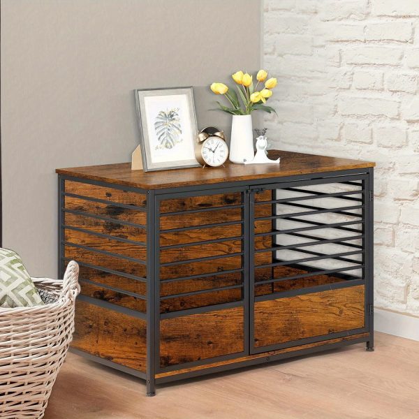 1pc Rustic Wooden Dog Crate Furniture with Metal Frame, Scratch-Resistant End Table, Secure Latch, Adjustable Feet, Indoor Pet Cage House for Small/Medium Dogs - Image 12