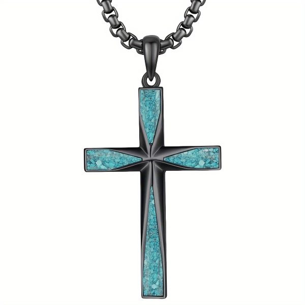Natural Stone Cross Necklace Pendant With Turquoise Gemstone, Unique And Niche Cross Pendant Hanging - Image 6