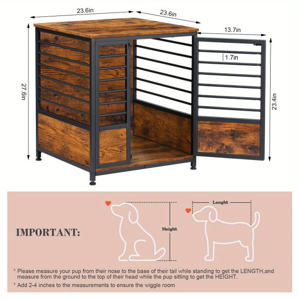 1pc Rustic Wooden Dog Crate Furniture with Metal Frame, Scratch-Resistant End Table, Secure Latch, Adjustable Feet, Indoor Pet Cage House for Small/Medium Dogs - Image 3