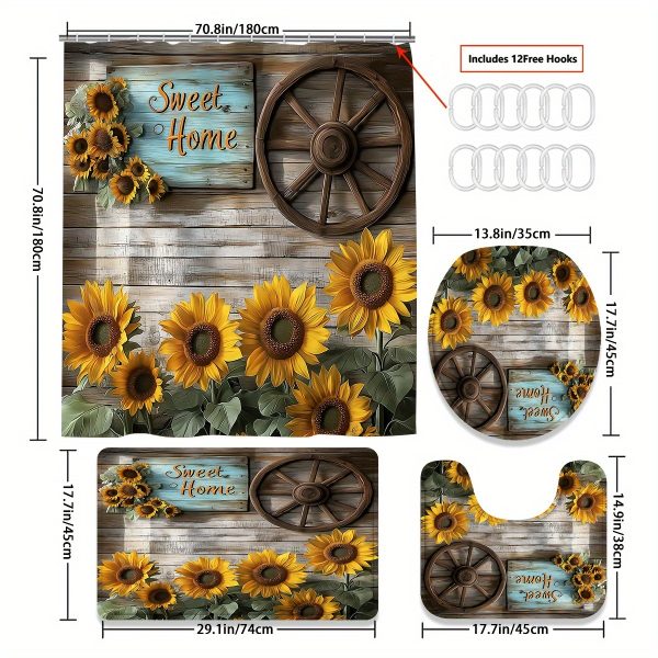 1/4pcs Country Sunflower Pattern Shower Curtain Set, Farmhouse Wagon Wheel And Sunflower with Wood Wall Background Brown Shower Curtain for Christmas Bathroom Shower Decoration with 12 Hooks Non-Slip Bath Mat U Shape Toilet Seat Cover Mat - Image 4