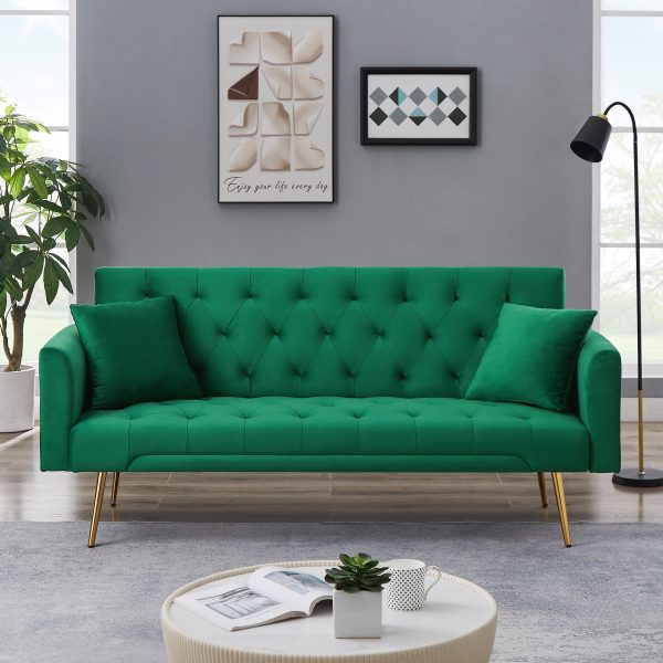 Elegant 71.65'' Foldable Velvet Sofa Bed with Metal Leg Straps, 2 Square Pillows, Line Design, Space-Saving, 5 Colors to Choose from, 1pc - Image 8