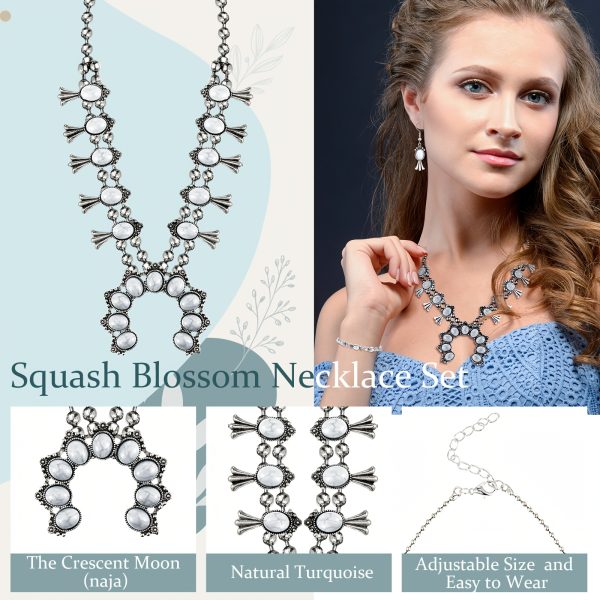 4pcs Turquoise Squash Blossom Jewelry Set for Women Vintage Western Necklace Earrings Wrist Chain Ring - Image 4