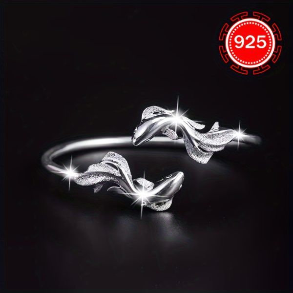 925 Silver Low Allergy Fashion Open Bangle, 1pc, Ladies Mermaid Bangle Niche Design Versatile Double Fish Koi Hand Accessory, Suitable For Couples, Best Friends, Gifts, Daily Weddings, Banquets, Beach Vacations, Thanksgiving, Christmas, Anti-oxidation Pac - Image 3