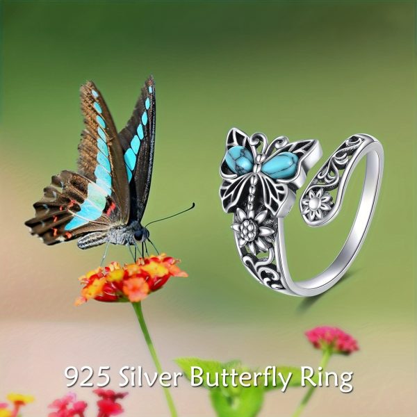 925 Sterling Silver Butterfly Spoon Ring, Vintage Thumb Rings, Boho Adjustable Open Ring, Turquoise Jewelry Gifts For Women - Image 2