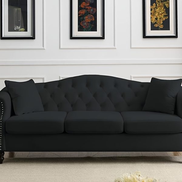 [Video] 79 Chesterfield Sofa Black Velvet for Living Room, 3 Seater Sofa Tufted Couch with Rolled Arms and Nailhead for Living Room, Bedroom, Office, Apartment, two pillows - Image 3