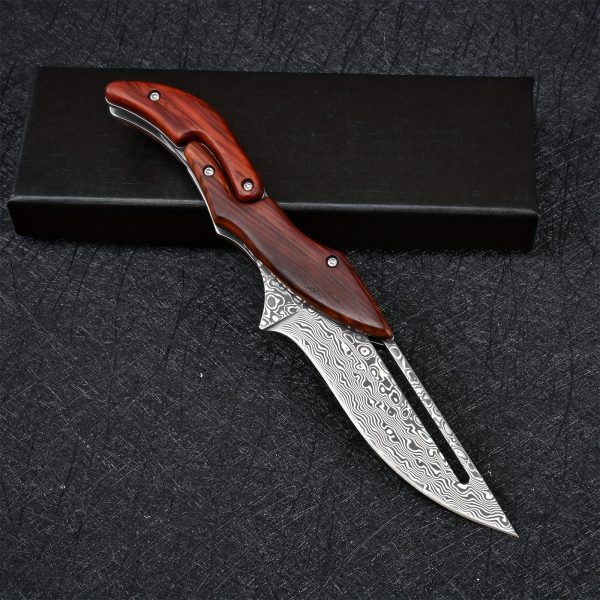 Damascus Steel Pocket Knife - High-Carbon VG10 Blade, Yellow Sandalwood Handle, Mechanical Lock, Outdoor Camping Survival Multitool with Folding Design, Ergonomic Grip, and Durable Construction for Everyday Carry - Image 12