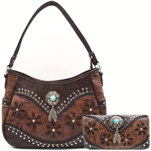 Tooled Faux Leather Floral Laser Cut Flower Feather Purse Studs Country Western Handbag Women Shoulder Bag Trifold Wallet Set