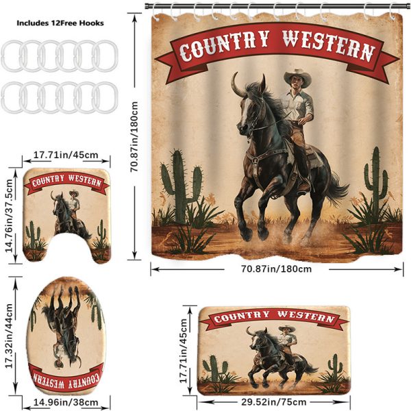 1pc/4pcs Western Cowboy Waterproof Bathroom Decor Set, Polyester Woven Fabric, Fashionable Country Western Theme, Washable, with Non-Slip Rug, Toilet Cover, and 12 Hooks - Image 3