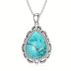 Turquoise Necklace 925 Sterling Silver Real Turquoise Gemstone Pendant Western Bohemian Jewelry For Women