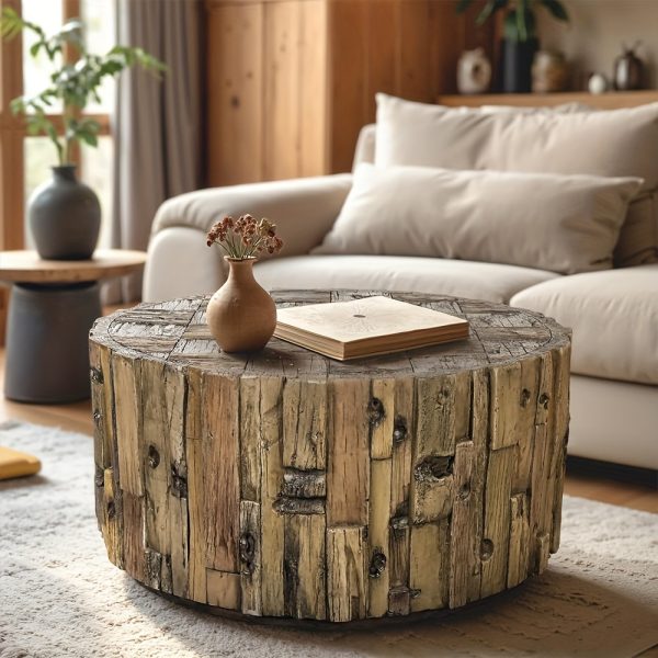 18.5" H Farmhouse Barrel Shaped Round Coffee Table For Indoors And Outdoors, Round Coffee Table For Living Room, Small Side Table Tea Table End Table - Image 2
