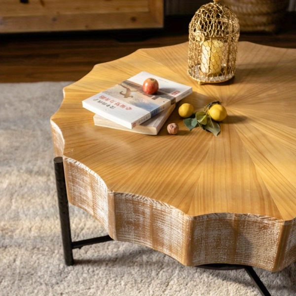 Vintage 31.5" Cedar Coffee Table Set with Natural Pine Grain Top and Dimpled Metal Cross Legs, Black - Set of 2