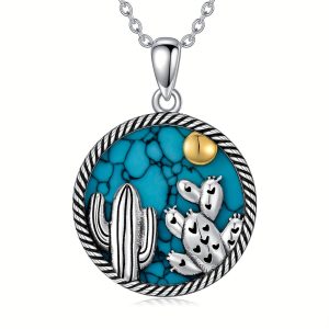 925 Sterling Silver Cactus Necklace Turquoise Sunset Cactus Pendant Jewelry Birthday Gifts For Women