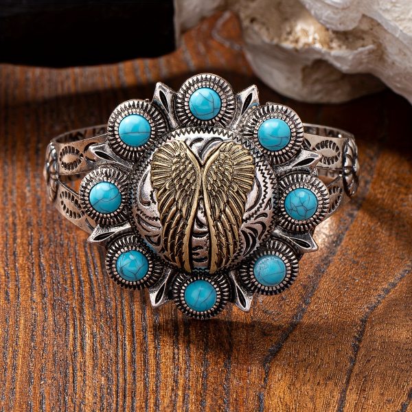 Vintage Tribal Pattern Zinc Alloy Cuff Bracelet with Turquoise Embellishments - Unplated, Adjustable for Daily Wear & Gift Giving - Image 5