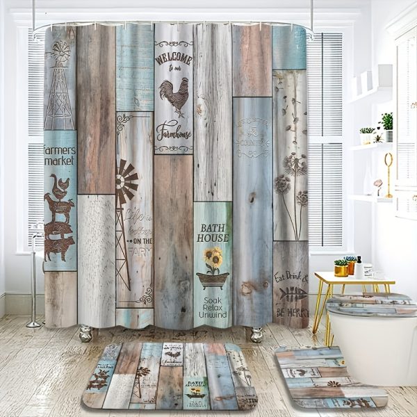 4pcs Rustic Farmhouse Bathroom Set - Waterproof HD Digital Printed Shower Curtain (70.87x70.87inch) with Vintage Barn Wood Design, Non-Slip Bath Mat, U-Shaped Toilet Mat, and Hooks - Charming Country Style Decor, Bathroom Decor And Accessories - Image 2