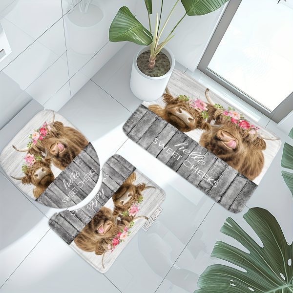 1/4pcs Farmhouse Highland Cow Bathroom Set - Waterproof Shower Curtain with 12 Hooks, Non-Slip Mat, U-Shaped Toilet Mat, Cover Mat, Country Cow Western Funny Animal Floral Wood Vintage Modern Home Decor Accessories - Image 2
