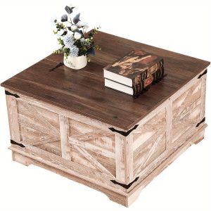 Farmhouse Coffee Table, Heavy-Duty Coffee Table with Storage, Square Wood Center Table Set for Living Room with Pull Up Large Hidden Storage Compartment, Rustic Brown