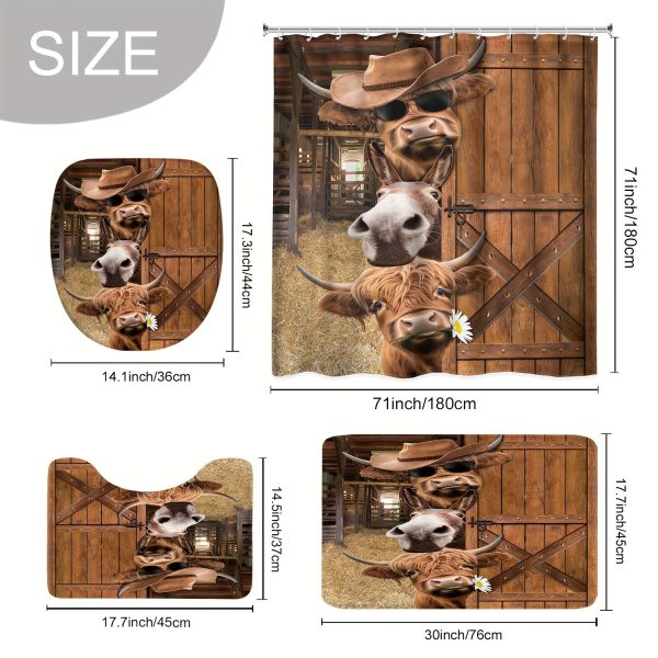 1PC/4PCS - Fun Highland Cow Shower Curtain Set, Waterproof Shower Curtain With 12 Plastic Hooks, Non-slip Floor Mat, Toilet U-Shaped Mat, Cover Mat, Farmhouse Barn Door Western Bull Donkey Brown Wood Board Animal Country Bathroom Decor Accessories - Image 4