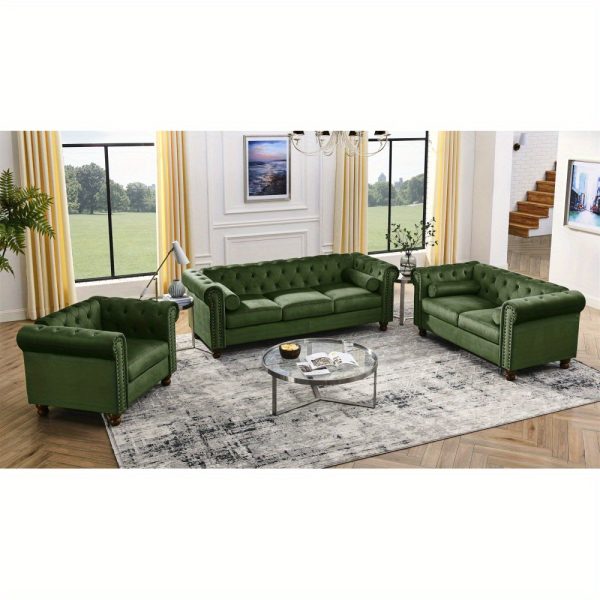 Classic Green Velvet Chesterfield Sofa with Scroll Arms, Nailhead Trim & Solid Wood Legs - Comfortable Button Tufted Settee for Living Room, Bedroom, Office, or Apartment - Image 8