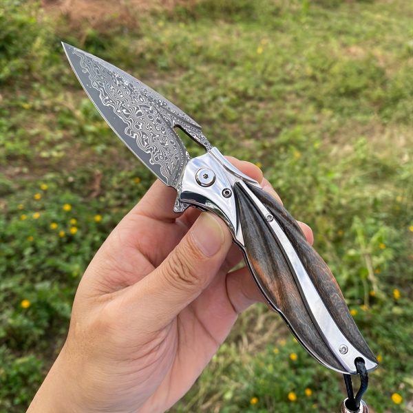 1 Piece, Damascus Steel Folding Pocket Knife, Premium Quality High Hardness Knife With Leather Sheath, Stabilized Cured Wood Handle, EDC Camping And Fishing Knife, Great For Adventure, Outdoor Hiking Tools, Men's Folding Knife Gift, Fruit Knife - Image 6