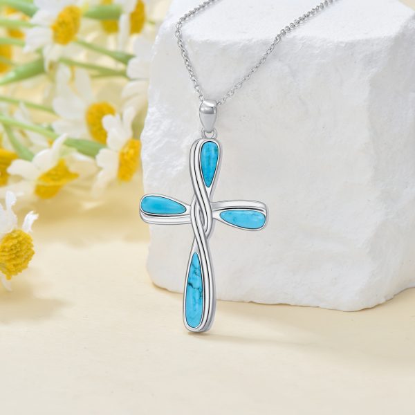 Cross Necklace For Women Turquoise Western Bohemia Sterling Silver 20 Inches Boho Jewelry Vintage Gemstone Teardrop Pendant Birthday Valentines Gift - Image 2