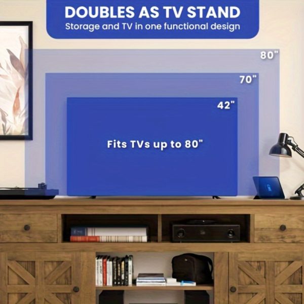 Up to 80 Inch Rustic Farmhouse TV Stand with Power Outlet, Storage Drawer & Movable Partition - Image 3