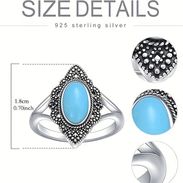 Turquoise Ring 925 Sterling Silver Long Oval Cut Turquoise Vintage Style Ring for Women - Image 4
