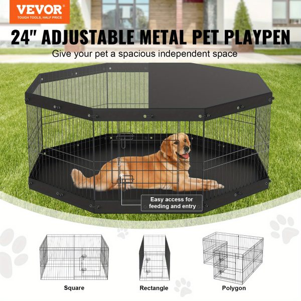 VEVOR Dog Playpen, 8 Panels Foldable Metal Dog Exercise Pen with Top Cover and Bottom Pad, 24" H Pet Fence Puppy Crate Kennel, Indoor Outdoor Dog Pen for Small Medium Pets, for Camping, Yard - Image 3