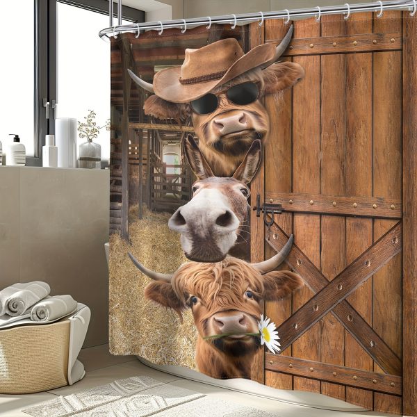 1PC/4PCS - Fun Highland Cow Shower Curtain Set, Waterproof Shower Curtain With 12 Plastic Hooks, Non-slip Floor Mat, Toilet U-Shaped Mat, Cover Mat, Farmhouse Barn Door Western Bull Donkey Brown Wood Board Animal Country Bathroom Decor Accessories - Image 10