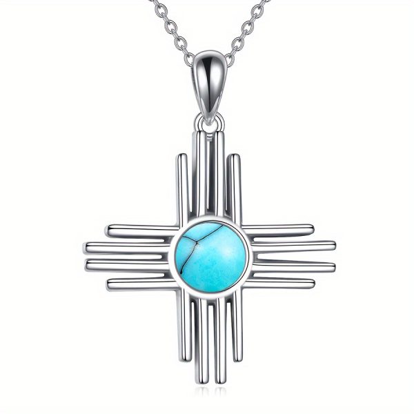 Zia Sun Symbol 925 Sterling Silver Necklace Exquisite Ladies Turquoise/Moonstone Pendant Jewelry For Women New Mexico Necklace For Mother's Day Christmas Birthday Gifts - Image 7