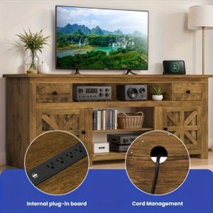 Up to 80 Inch Rustic Farmhouse TV Stand with Power Outlet, Storage Drawer & Movable Partition