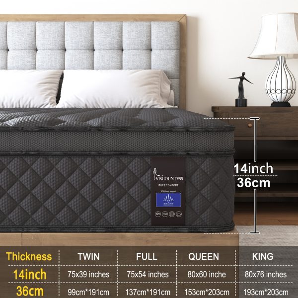 Viscountess 14Inch Gel Memory Foam Hybrid Pocket Spring Mattress Twin Full Queen King Mattress In A Box, Medium Firm - Image 4