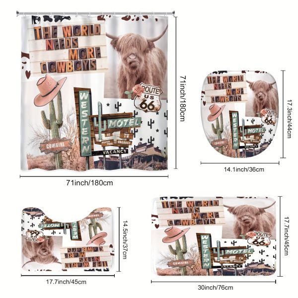 1/4 PPcs - Boho Western Shower Curtain Set, Country Farmhouse Fun Longhorn Bull Farm Cactus Animals 12 Hooks Waterproof Shower Curtain, Non-slip Bathroom Floor Mat, Toilet U-Shaped Mat, Cover Mat, Home Decor Gift - Image 3