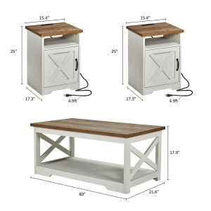 3-Piece Farmhouse Table Set Featuring Coffee Table, Two End Tables, and a Side Table with Charging Station and USB Ports - Ideal for Living Room or Bedroom