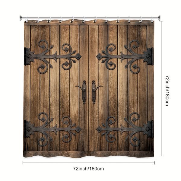 1/4pcs Rustic Barn Door Shower Curtain Set, Vintage Farmhouse Western Metallic Wooden Plank Cabin Barnwood Retro Country Modern Waterproof Shower Curtain With 12 Hooks, Non-slip Bathroom Mat, Toilet U-shaped Mat, Cover Mat, Home Decor - Image 3