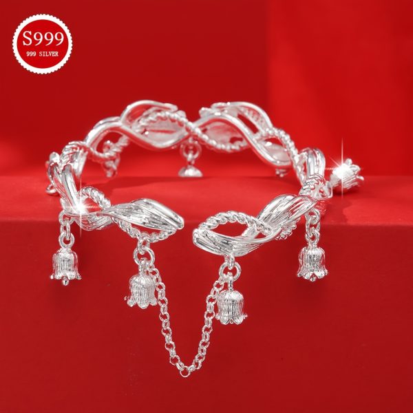 1pc Elegant 999 Sterling Silver Butterfly Bell Open Cuff Bracelet, Adjustable Fashion Jewelry for Women, Ideal for Daily Wear & Gifting, All-Season Accessory, Chinese Style, Birthday, 35g/1.23oz, Elegant Style - Image 5