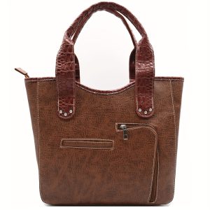 Western Cowgirl-Inspired Handbag and Wallet Set - Crocodile Pattern Faux Leather, Woven Fringe Detail, with Zip Closure, 18" Shoulder Strap - Brown, Conchos, Tote, Country Women
