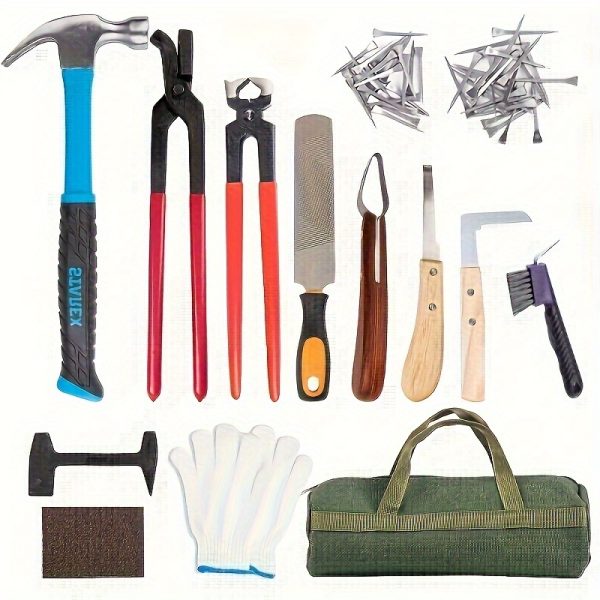 62 sets, horseshoe trimming kit, hand-held kit, horseshoe care kit, claw hammer, gloves, scissors, brush and other tools - Image 2