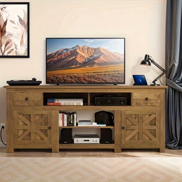 Up to 80 Inch Rustic Farmhouse TV Stand with Power Outlet, Storage Drawer & Movable Partition - Image 2