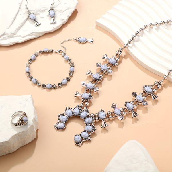 4pcs Turquoise Squash Blossom Jewelry Set for Women Vintage Western Necklace Earrings Wrist Chain Ring - Image 3
