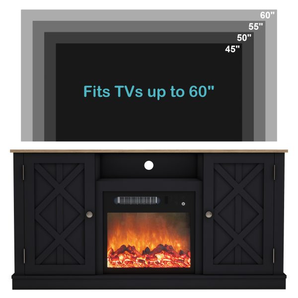 1pc Black Farmhouse 54" Entertainment Center with Electric Fireplace, TV Stand Console with Mantel, MDF Wood Construction, Barn Door Design, 110V US Plug, Easy Assembly, Storage <3.2 Cubic Feet - Image 3