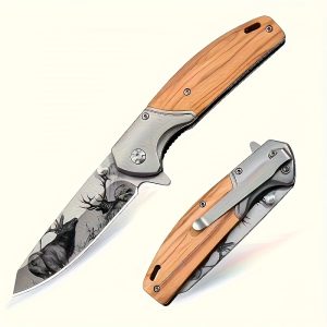 7cr17mov High Hardness Stainless Steel Elk Tactical Folding Pocket Knife, 1pc - Solid Wood Handle - Ideal for Outdoor Hunting, Camping, Hiking, EDC Tools, Survival