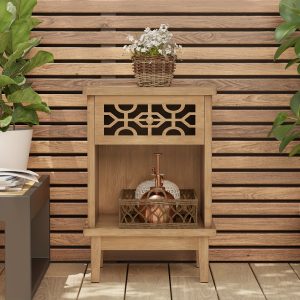 1pc Rustic Farmhouse Solid Fir Wood Side Table with Hand-Carved Front and Open Shelf - Boho French Country Style End Table with Linen Drawer and Sturdy Legs