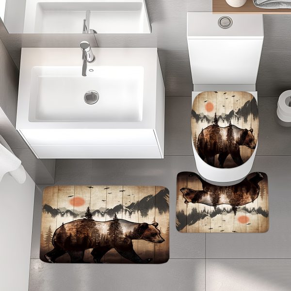 1/4 Piece - Rustic Bear Cabin Shower Curtain Set, Vintage Cabin Mountain Country Animal Western Farmhouse Hunting Wildlife Waterproof Shower Curtain With 12 Hooks, Non-slip Bathroom Floor Mat, Toilet U-shaped Mat, Cover Mat, Shower Decor Accessories - Image 3