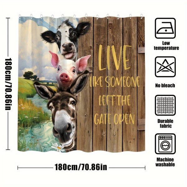 1pc Farmhouse-Style Animal Bath Curtain with Inspirational Quote, Durable Polyester Fabric, Machine Washable, Vintage Wooden Board Design with Cows, Donkeys, Pigs, Includes Grommet Hooks for Easy Hanging - All Season Bathroom Decor - Image 6