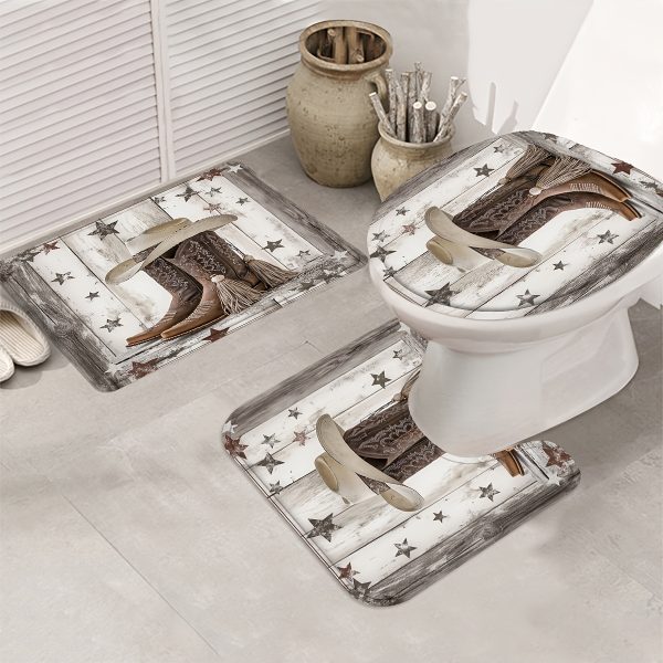 1/4pcs Western Cowboy Boots and Hat Theme Bathroom Set, Rustic Wooden Pattern Shower Curtain with 12 Hooks, Waterproof Polyester Fabric, Non-Slip Bath Mats, U-Shaped Toilet Mat, Stain Resistant, All-Season, Universal Holiday Decor, Geometric Pattern, Wove - Image 3