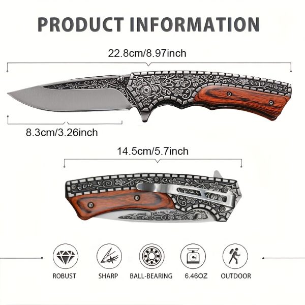 1pc Ambidextrous Stainless Steel Folding Knife with 3D Vintage Embossed Pattern - Lightweight Pocket Knife for Outdoor Survival, Camping, Fishing, Hiking, Hunting - Unique Engraved Design, Ideal Men'S Gift for Christmas, Halloween, Thanksgiving, Father'S - Image 8